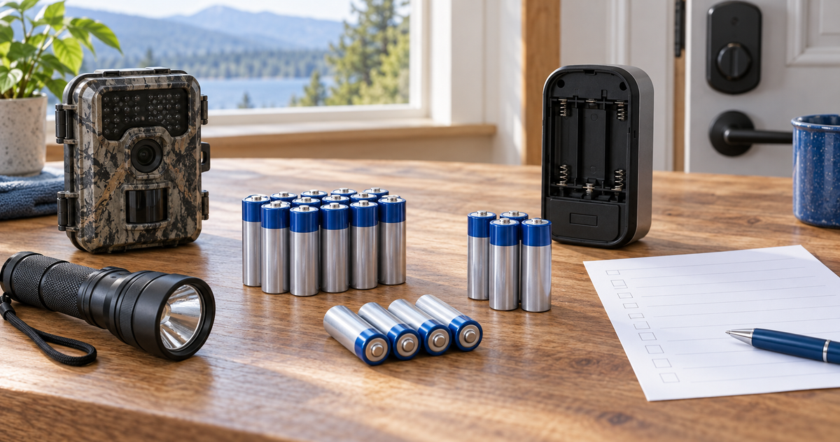 AA batteries grouped on a table beside a trail camera, flashlight, empty battery tray, and inventory sheet.