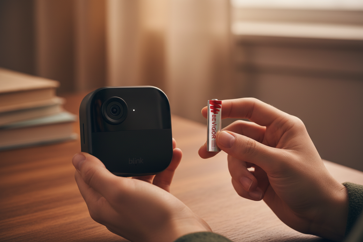 Hands holding a Blink camera and a BEVIGOR AA battery indoors