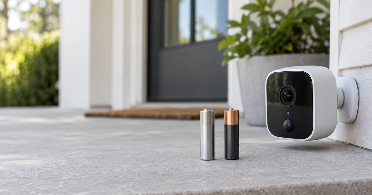Two unlabeled AA batteries beside a generic outdoor security camera on a residential porch.