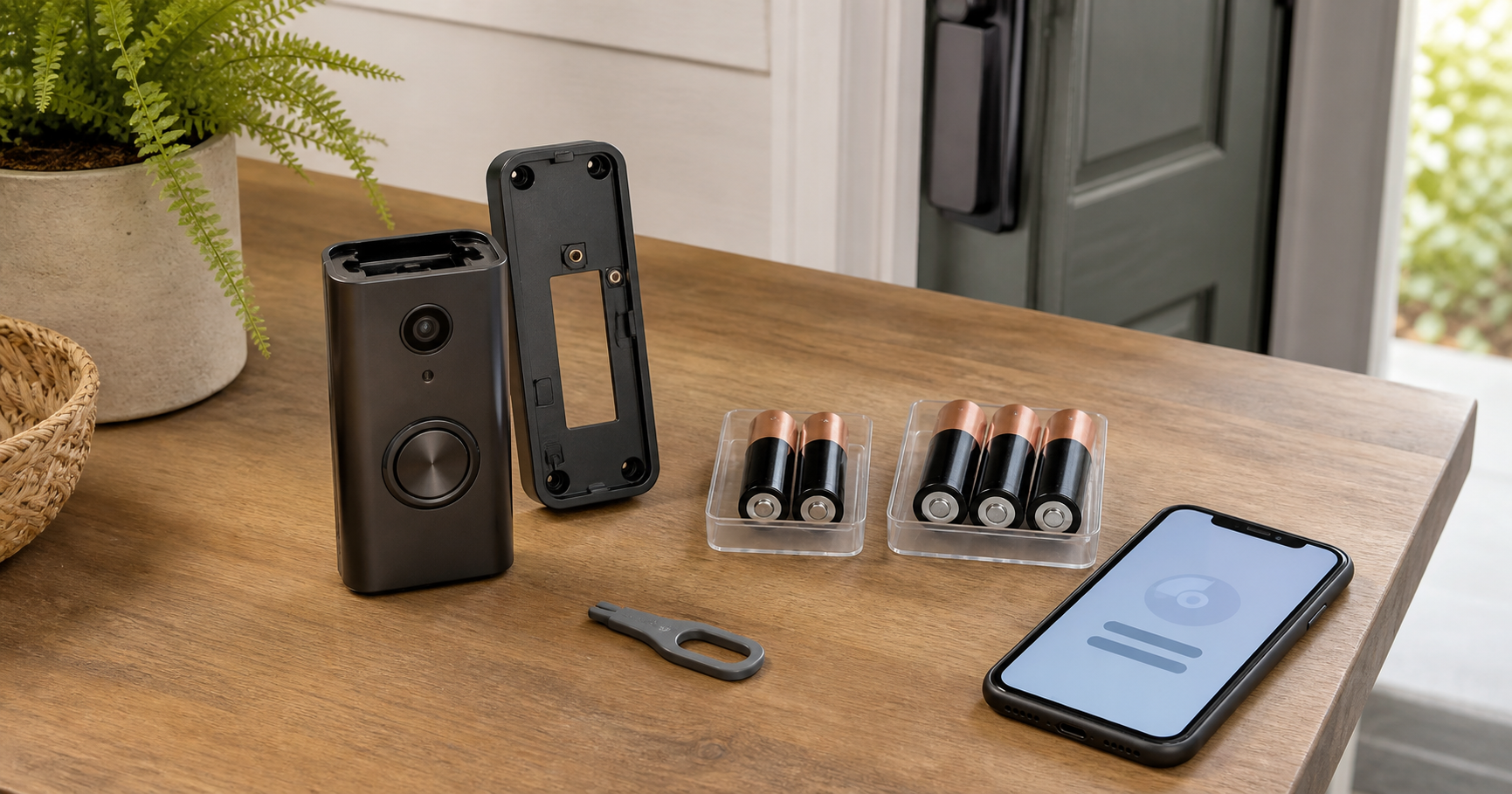 Generic video doorbell beside two- and three-cell AA battery sets with a release tool and setup phone.