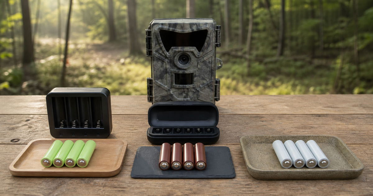 Generic trail camera behind three separated sets of AA batteries and an empty charger on an outdoor table.