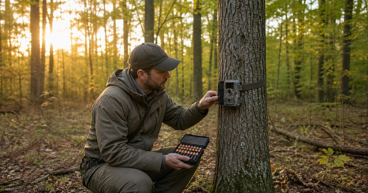 Hunter checking a trail camera and AA battery supply before deer season