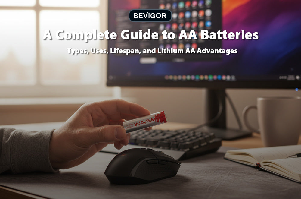 Hand holding a BEVIGOR AA battery above a computer mouse on a desk.