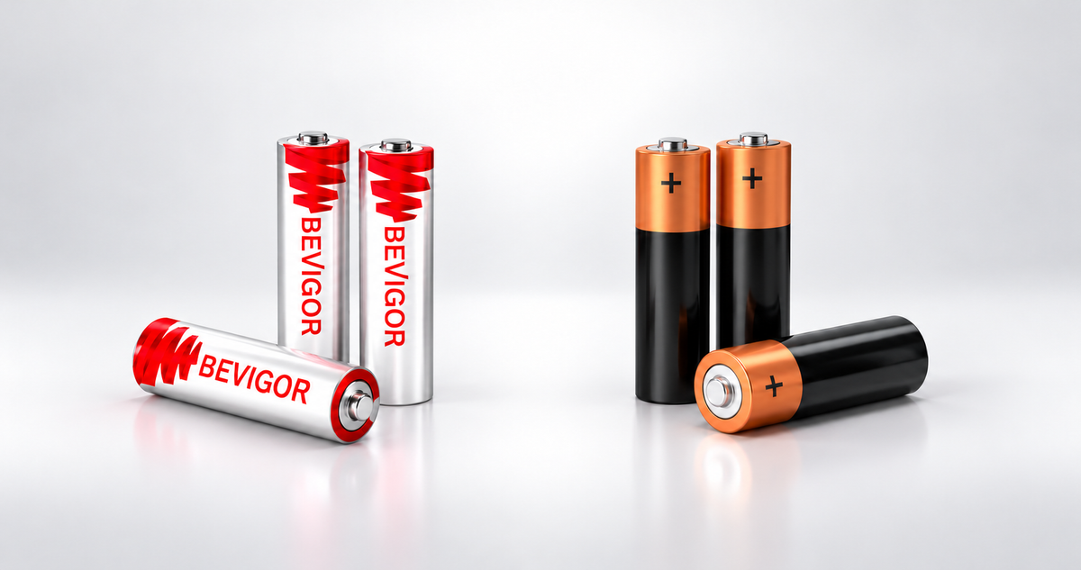 BEVIGOR lithium AA battery compared with alkaline AA batteries.