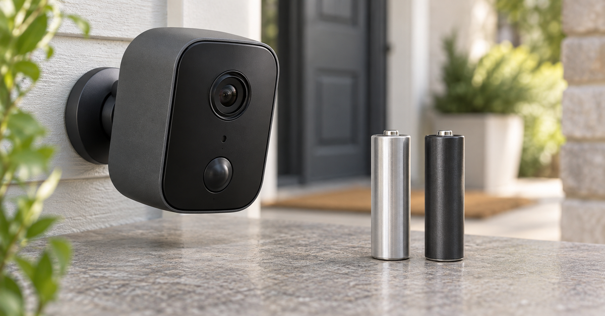 Two AA batteries beside a generic outdoor security camera