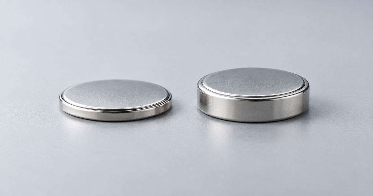 Thin and thick silver coin batteries shown side by side