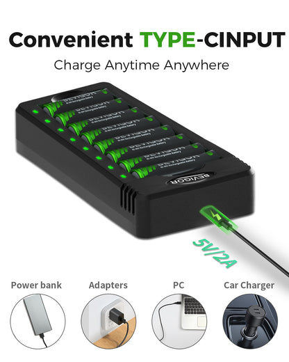 1100 mAh Rechargeable AAA Batteries with Smart 8 Bay Charger