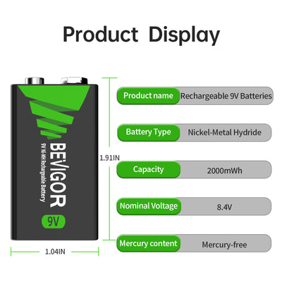BEVIGOR  9V Rechargeable NiMH Battery 2000mAh product display