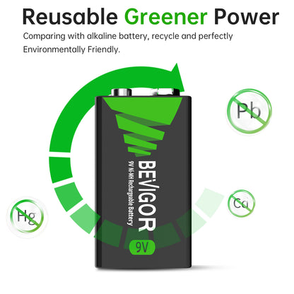 BEVIGOR  9V Rechargeable NiMH Battery reusable greener power